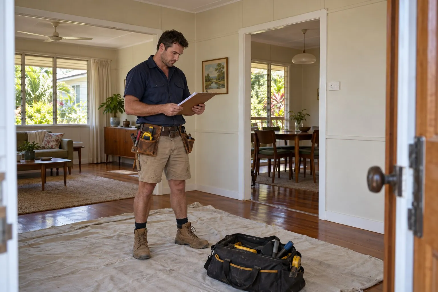 Asbestos before renovating, Queensland: carpenter reading notes in the living room of an older house before work starts