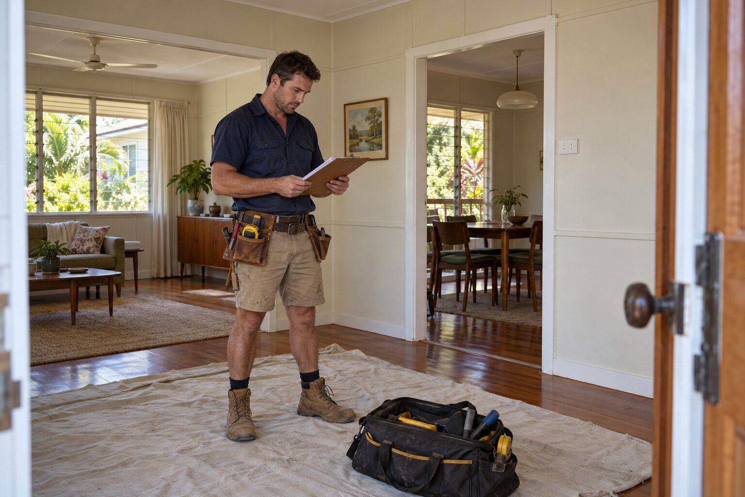 Asbestos before renovating, Queensland: carpenter reading notes in the living room of an older house before work starts