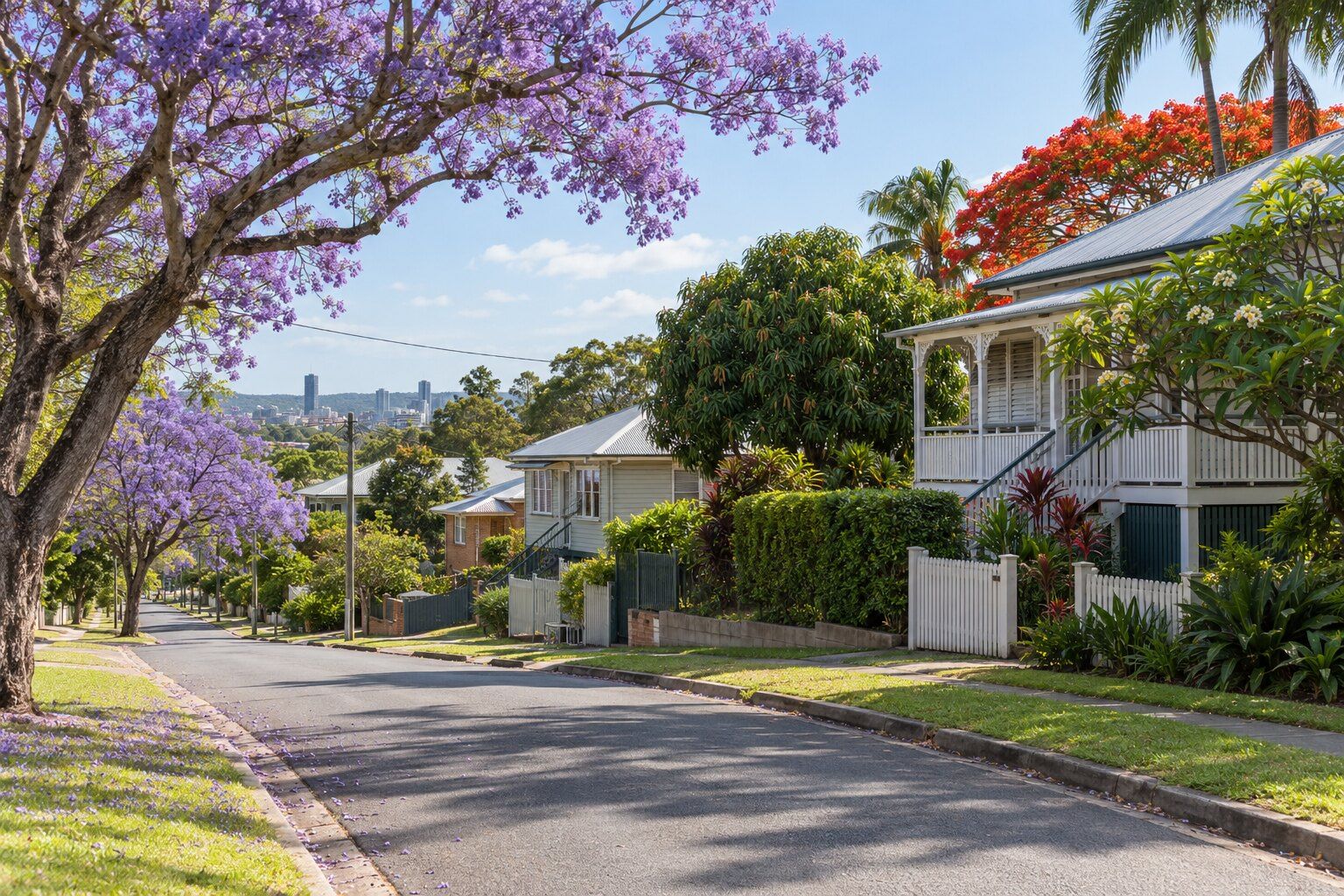 Carpentry, Brisbane: a northside street of timber Queenslanders on stumps with jacarandas in flower