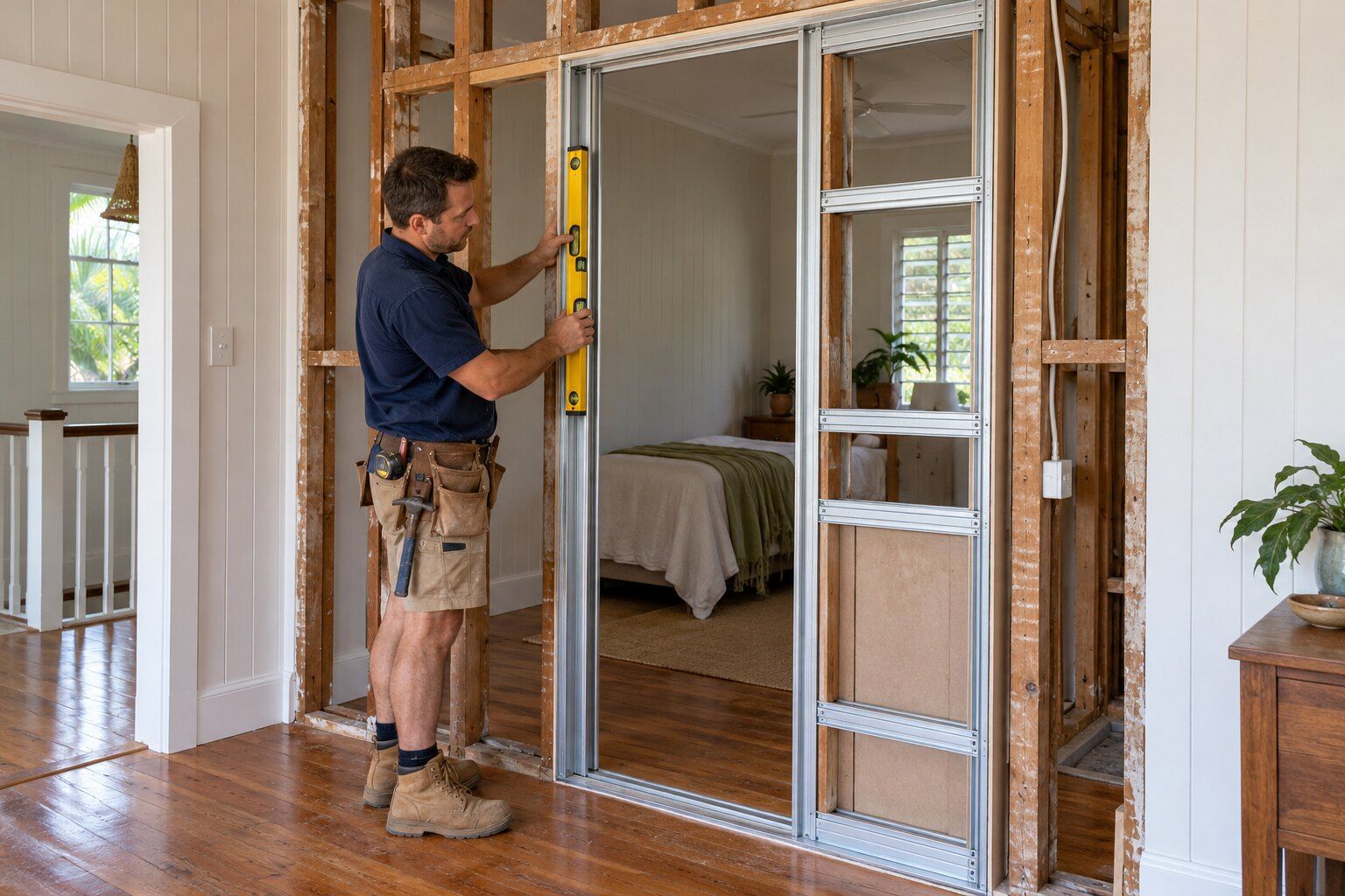 QBCC licences, Queensland: carpenter fitting a cavity sliding door frame inside a stud wall
