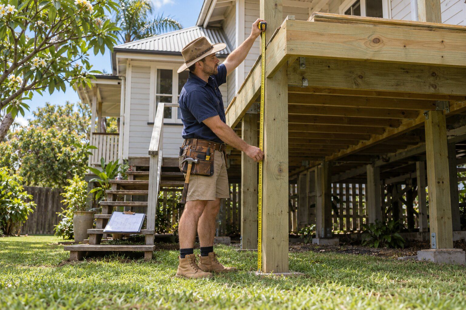 Deck approval, Queensland: carpenter measuring a deck frame's height off the ground behind a highset timber house