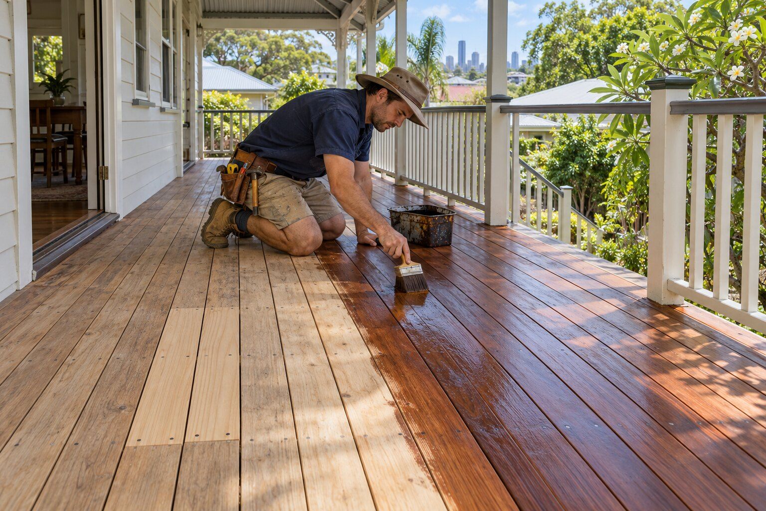 Deck repairs, Brisbane: carpenter brushing oil onto freshly sanded merbau boards on a raised timber deck