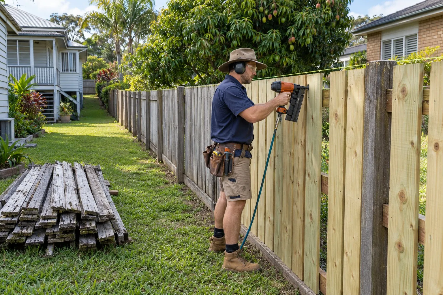 Timber fencing, Brisbane: carpenter fixing new palings to a boundary fence, old grey palings stacked on the grass