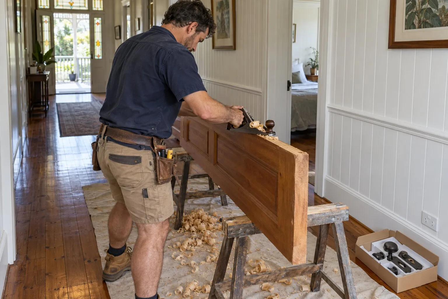 Door installation cost, Brisbane: carpenter planing the edge of a new internal door on trestles in a hallway