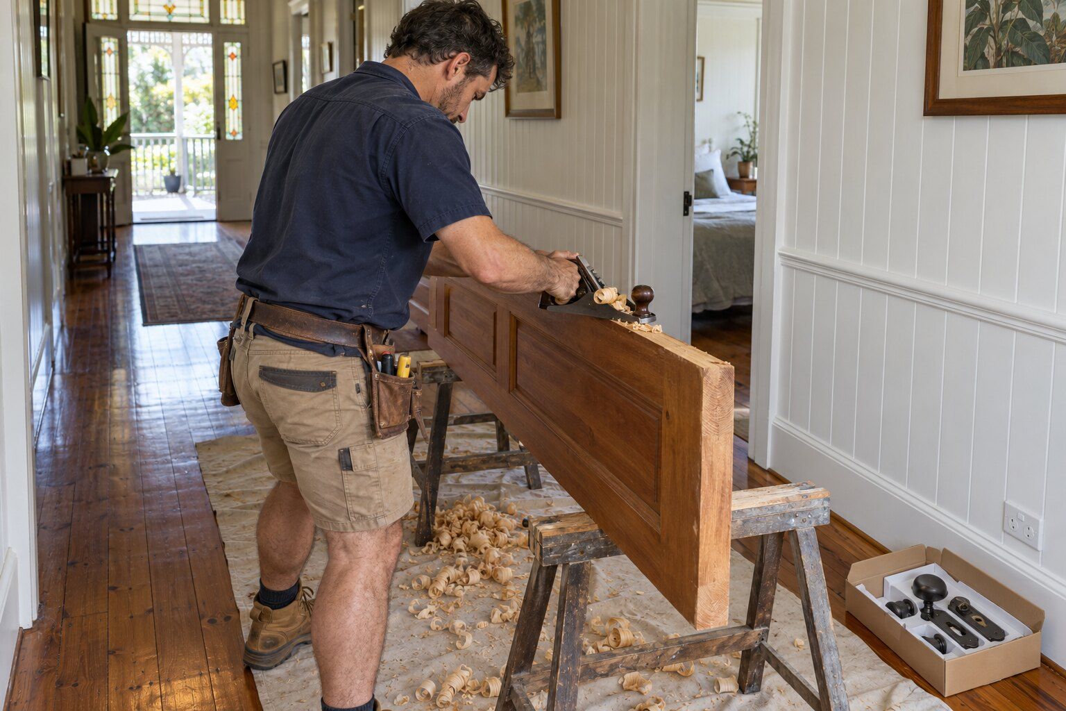 Door installation cost, Brisbane: carpenter planing the edge of a new internal door on trestles in a hallway