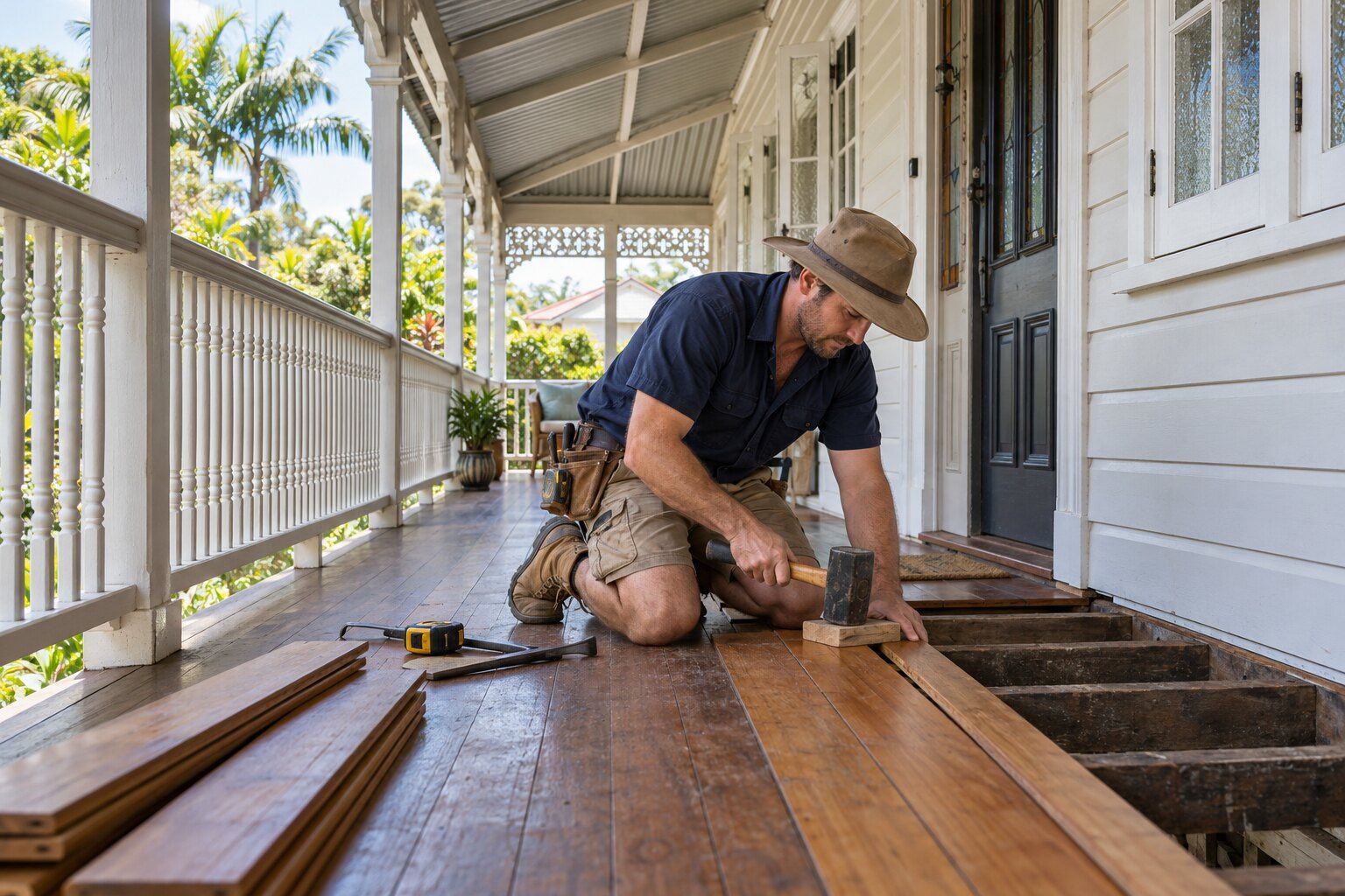 Queenslander carpentry, Brisbane: carpenter replacing verandah floorboards on a highset Queenslander