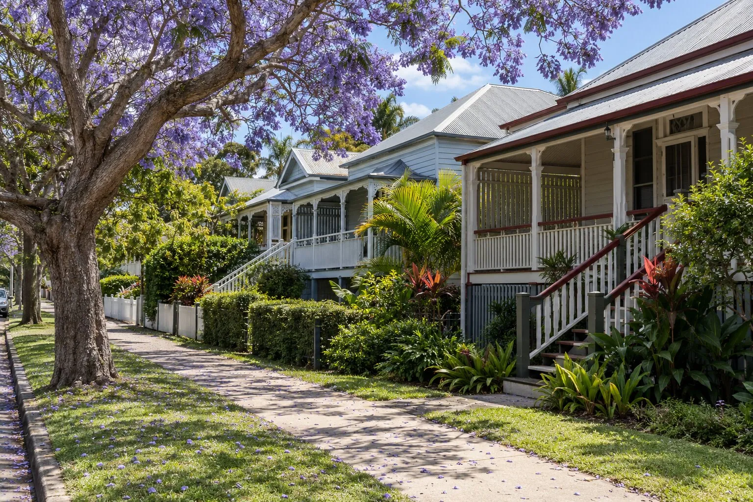 Renovating a Queenslander, Brisbane: a street of Queenslanders on stumps with verandahs under a flowering jacaranda