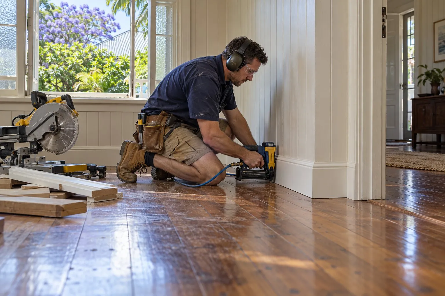 Skirting boards, Brisbane: carpenter nailing new white skirting along a wall above a timber floor