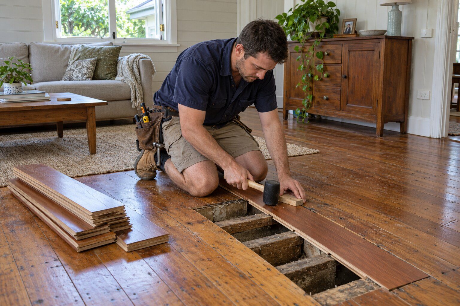Timber floor repairs, Brisbane: carpenter tapping a replacement floorboard into a cut-out section of an old timber floor