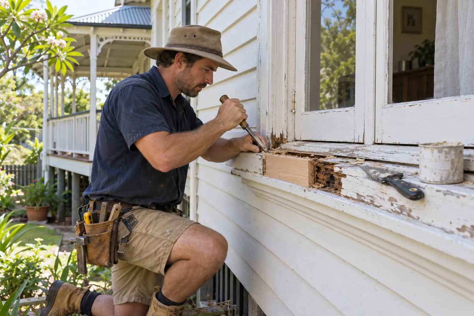 Timber repairs, Brisbane: carpenter chiselling out a rotten section of a window sill on a weatherboard house
